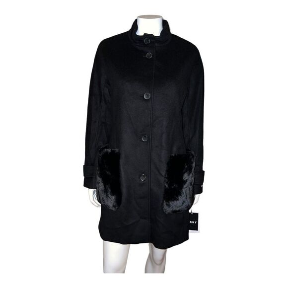 DKNY Women's Faux-Fur-Pocket Walker Coat Black Wool Blend Medium NWT - Picture 3 of 11